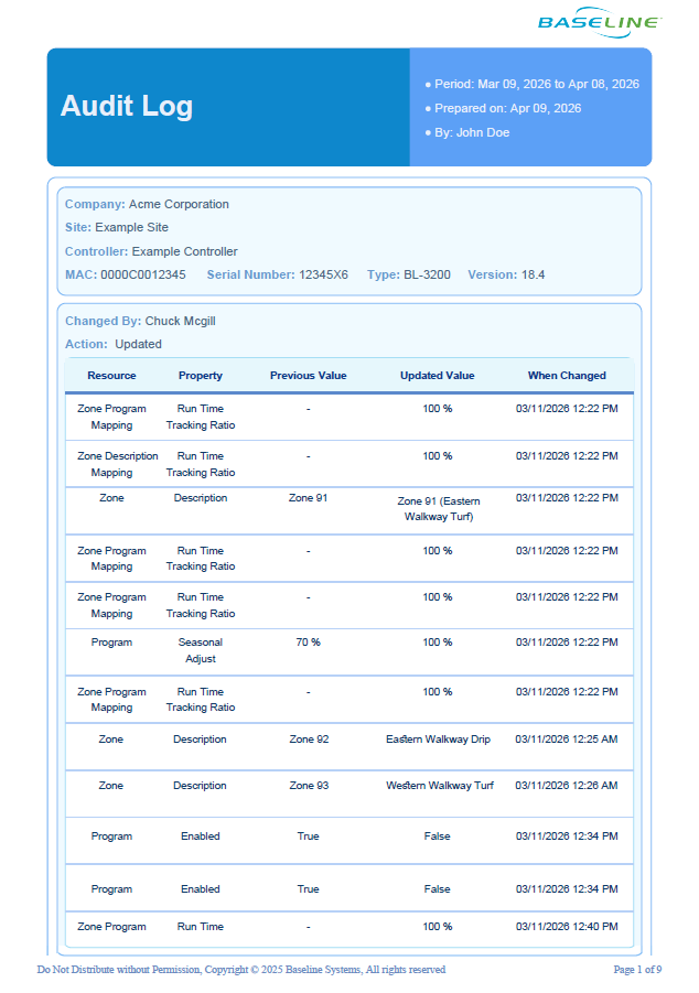 Screenshot of Baseline Audit Log